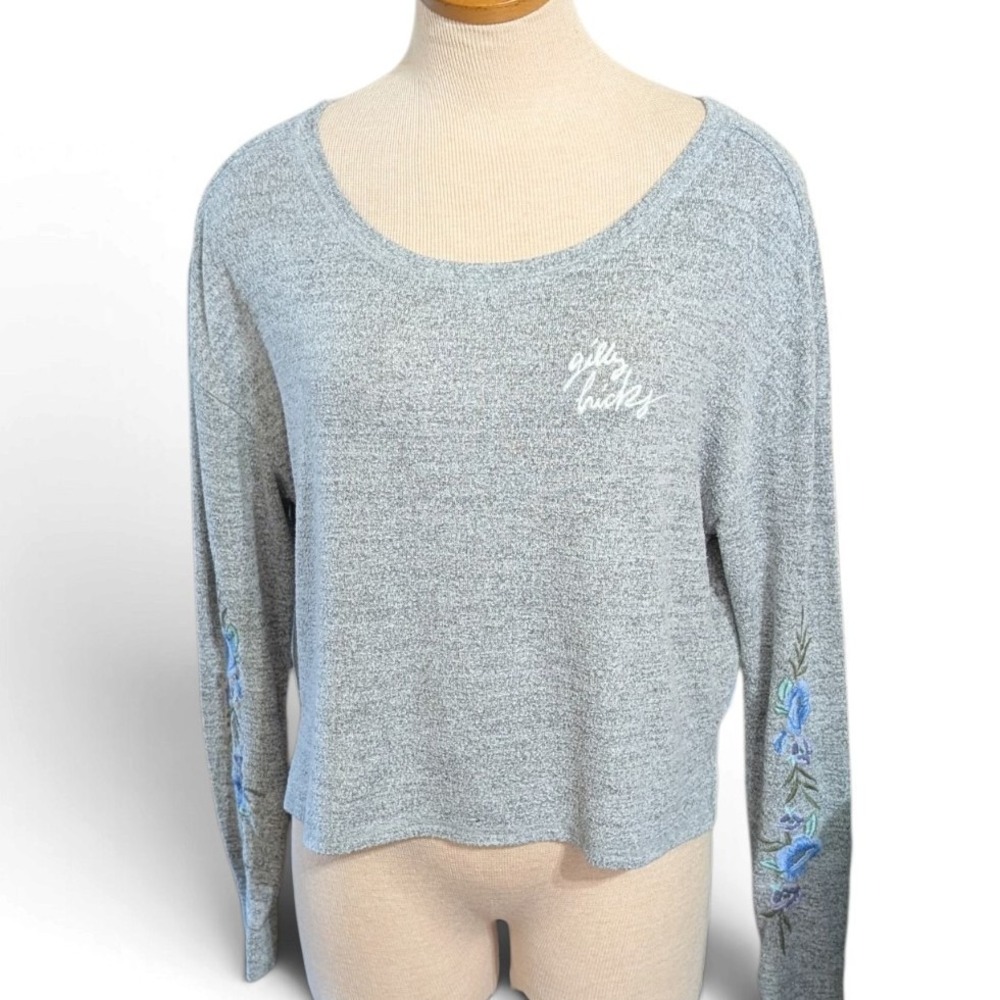 Gilly Hicks Sydney Womens M Gray Cropped Sweatshirt Floral Embroidered